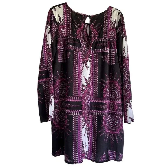 Minkpink X Urban Outfitters Long Sleeve Boho Tunic Dress L Pink Black - Picture 1 of 7